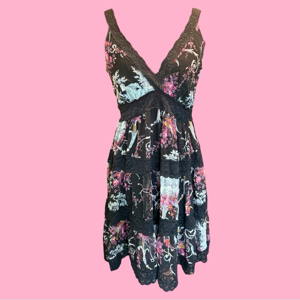 Betsey Johnson Black and Pink Chiffon/Lace Dress size M early 2010’s